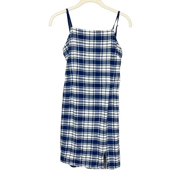 UO Lani Strappy Back Bodycon Mini Dress Blue Plaid sz L Spring Summer - Picture 4 of 10